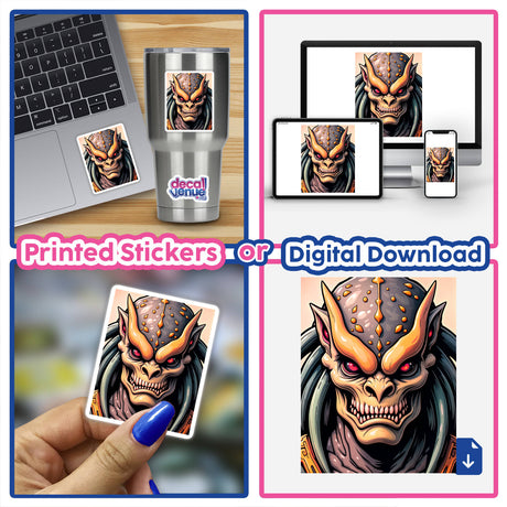 Collage featuring A Cool Alien Predator Soldier sticker on a laptop, showcasing unique cartoon monsters. Available as vinyl stickers or digital artwork from Decal Venue.