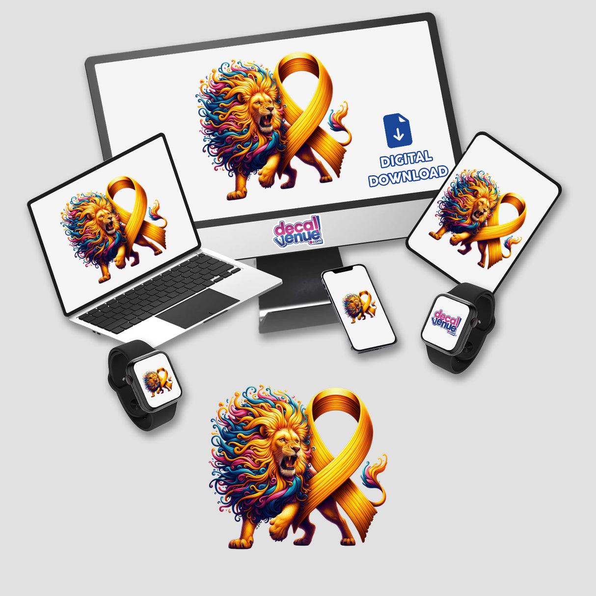 Lion Gold Ribbon Childhood Cancer Awareness digital artwork featuring a lion with a colorful mane and yellow ribbon, displayed on a computer monitor and laptop. Available as stickers or digital artwork.