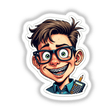 Cartoon of a boy with braces and glasses, titled Nerd Celular, featuring a pencil and calculator, available as stickers or digital artwork from Decal Venue.