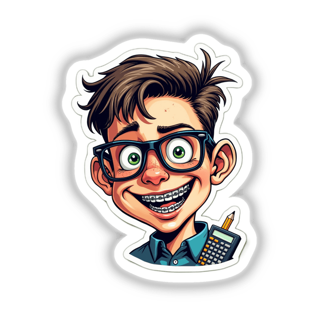 Cartoon of a boy with braces and glasses, titled Nerd Celular, featuring a pencil and calculator, available as stickers or digital artwork from Decal Venue.