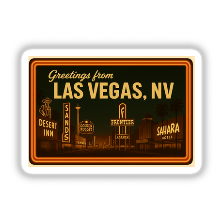 Greetings from Las Vegas Postcard Sticker or Clipart featuring vintage casino art; available as stickers or digital artwork with commercial rights, capturing iconic Las Vegas themes in a unique style.