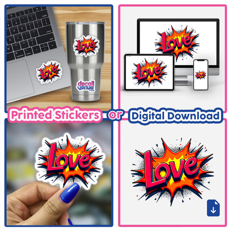 Collage featuring Love Valentine's Day stickers and digital artwork, including a laptop with a sticker, a hand holding a sticker, and digital elements like a computer monitor.