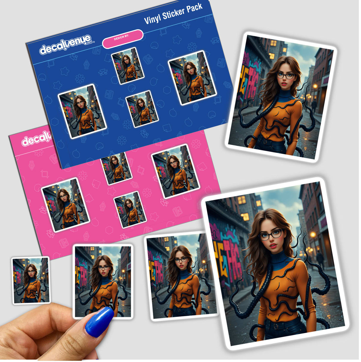 Sticker pack titled A Scary Symbiote Mutant Girl featuring a woman with long hair entwined with black tentacles, embodying a fusion of human and symbiote, available as stickers or digital artwork.