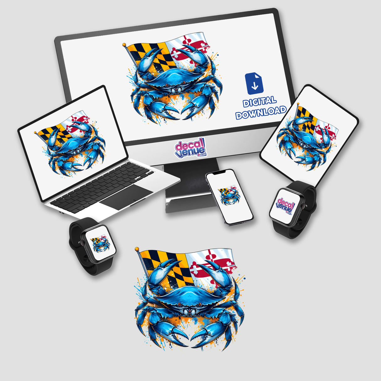 Vibrant blue crab with Maryland flag pattern artwork shown on various digital devices and products in Decal Venue's online store.