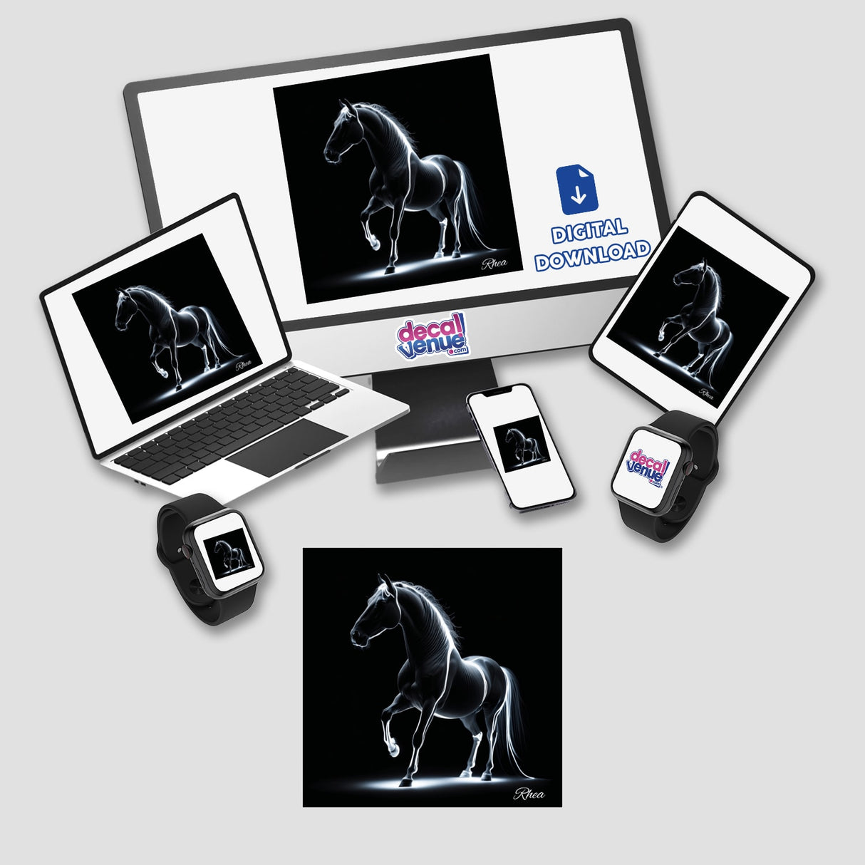 A Way of Hope: Digital artwork featuring a horse displayed on a laptop, tablet, and smartphone screens, available as stickers or digital art from Decal Venue.