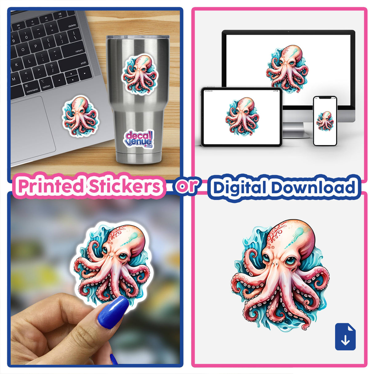 Bold Angry Octopus Sticker, featuring a cartoon octopus on a laptop, showcases ocean-inspired art with attitude. Available as stickers or digital artwork, ideal for adding personality to your devices.