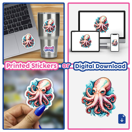 Bold Angry Octopus Sticker, featuring a cartoon octopus on a laptop, showcases ocean-inspired art with attitude. Available as stickers or digital artwork, ideal for adding personality to your devices.