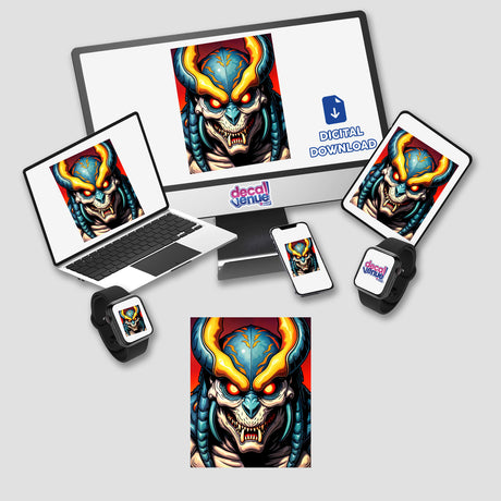 A Cool Alien Predator Soldier on a computer monitor and laptop screen, available as stickers or digital artwork, showcasing a cartoon character with vivid design elements.