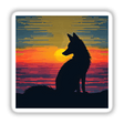 Fox Silhouette with Vibrant Stripes: A fox sitting silhouette on a hill at sunset, available as stickers or digital artwork.