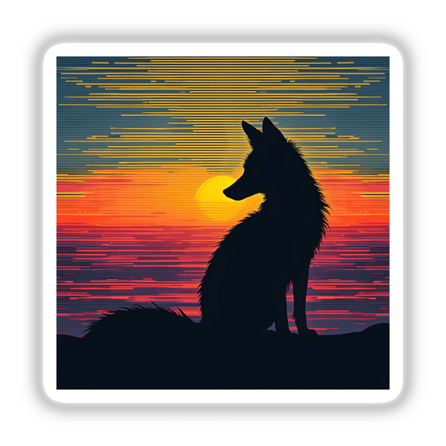 Fox Silhouette with Vibrant Stripes: A fox sitting silhouette on a hill at sunset, available as stickers or digital artwork.