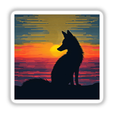 Fox Silhouette with Vibrant Stripes: A fox sitting silhouette on a hill at sunset, available as stickers or digital artwork.