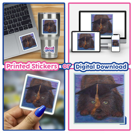 Puppy with graduation cap depicted as a charming sticker or digital artwork, highlighting Decal Venue's unique vinyl collection.