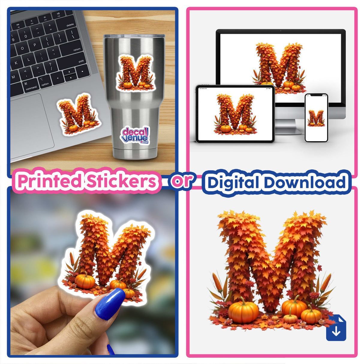 Thanksgiving Letter M Clipart featuring fall leaves and pumpkins, shown as stickers and digital artwork for commercial use. Collage includes a laptop with the letter M sticker and close-ups of the design details.