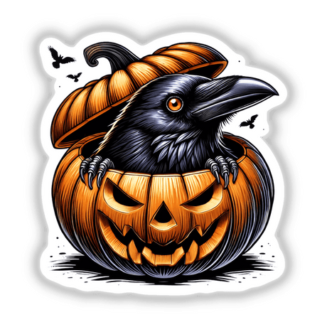 Menacing raven emerging from carved Halloween pumpkin with spooky jack-o'-lantern face and eerie atmosphere.