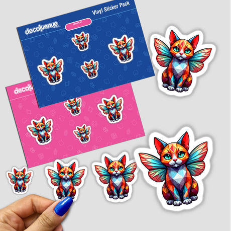 A Cute Geometric Fairy Cat sticker featuring a whimsical cat with wings, perfect for fans of unique designs. Available as a sticker or digital artwork from Decal Venue.