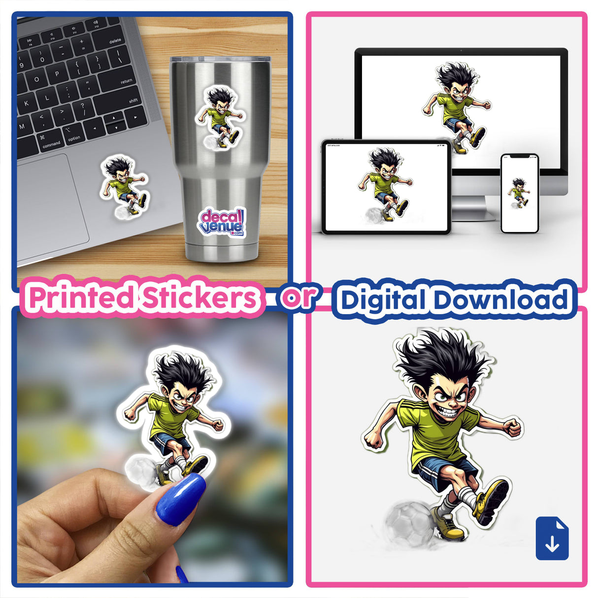 Collage showing Corredor Sagaz cartoon character running on various mediums, including a laptop and stickers, depicting energetic motion and joy. Available as stickers or digital artwork.