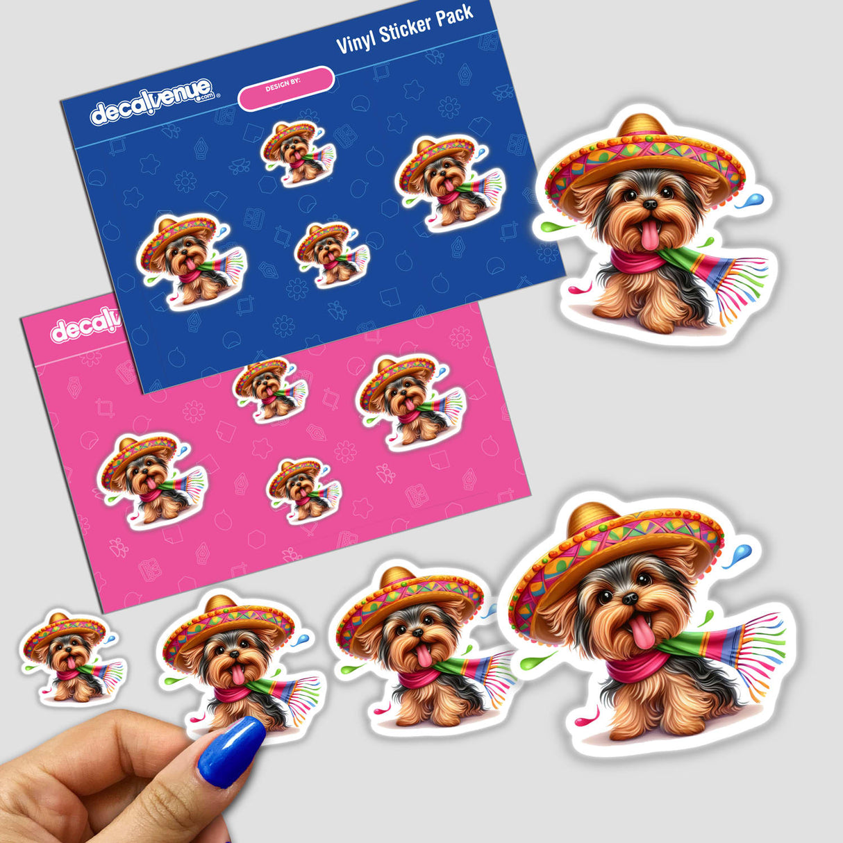 Adorable Yorkie dog in a sombrero and bright outfit, depicted in a vinyl sticker pack from Decal Venue, a store offering unique stickers and digital art.