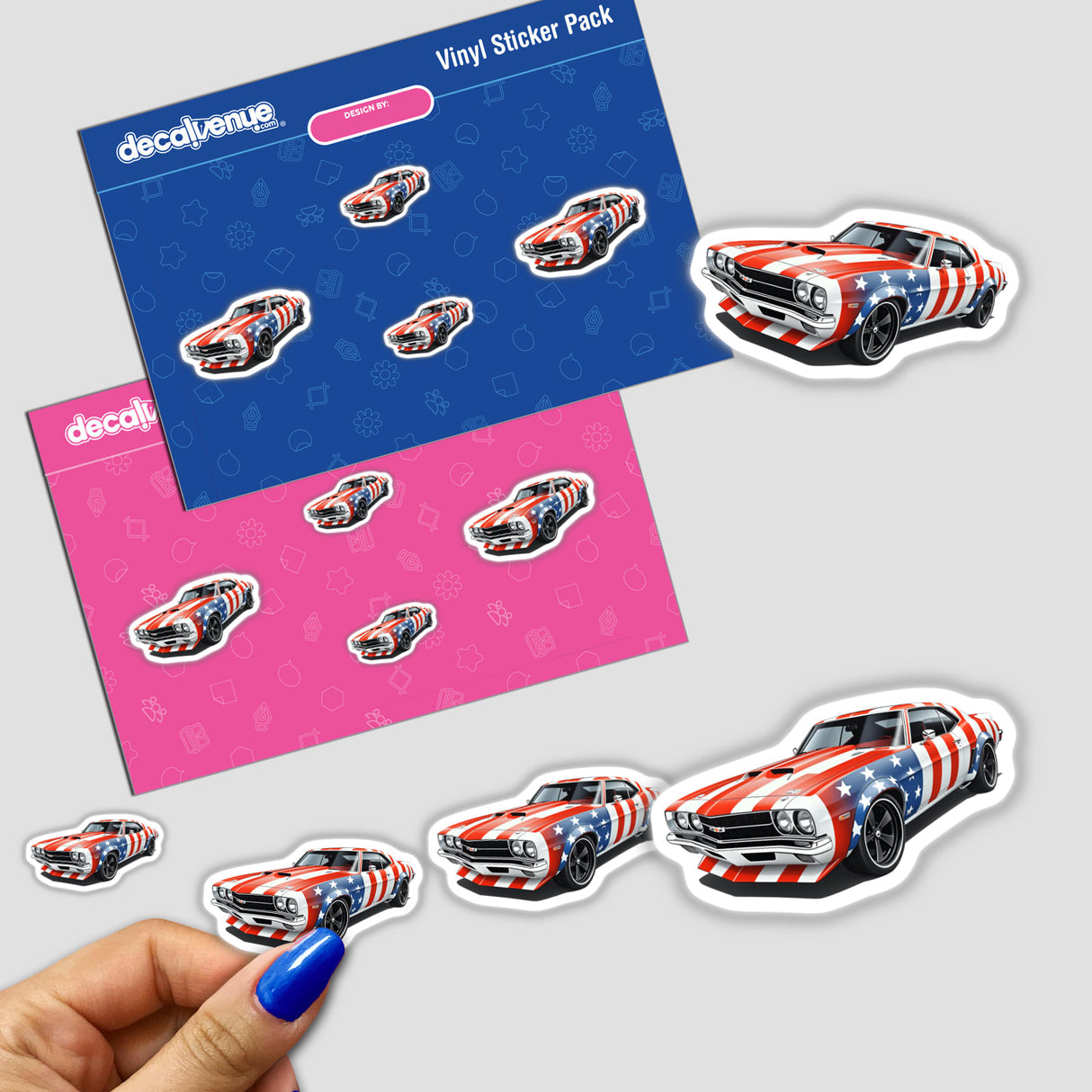 Cool American Flag Muscle Car sticker or digital artwork featuring a sleek vehicle design with flag-themed accents, perfect for car enthusiasts seeking unique vinyl art from Decal Venue.