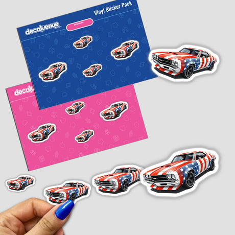 Cool American Flag Muscle Car sticker or digital artwork featuring a sleek vehicle design with flag-themed accents, perfect for car enthusiasts seeking unique vinyl art from Decal Venue.