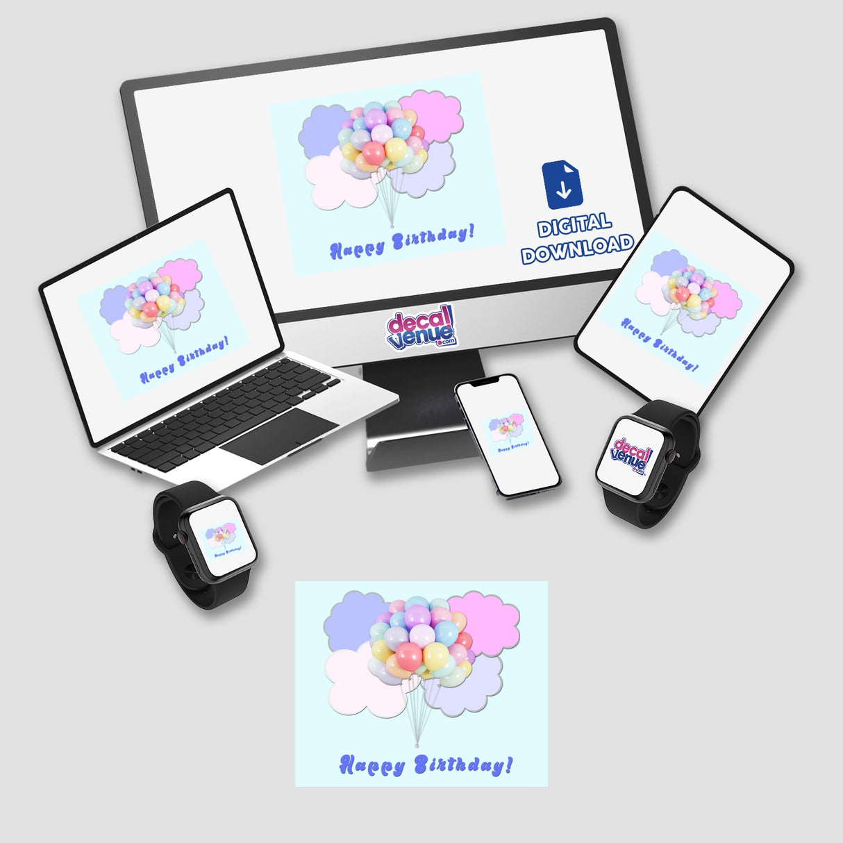 Pastel-colored balloons floating in a blue sky with pink and lavender clouds against a pale cyan background. This digital artwork depicts a cheerful "Happy Birthday" design, showcasing the Decal Venue brand.