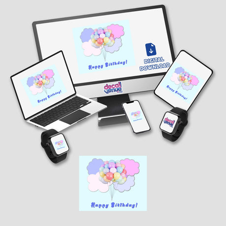 Pastel-colored balloons floating in a blue sky with pink and lavender clouds against a pale cyan background. This digital artwork depicts a cheerful "Happy Birthday" design, showcasing the Decal Venue brand.