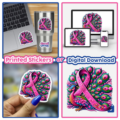 Peacock Pink Ribbon Breast Cancer Awareness design featuring a pink ribbon with peacock feathers, available as stickers or digital artwork, showcasing the unique style of Decal Venue.