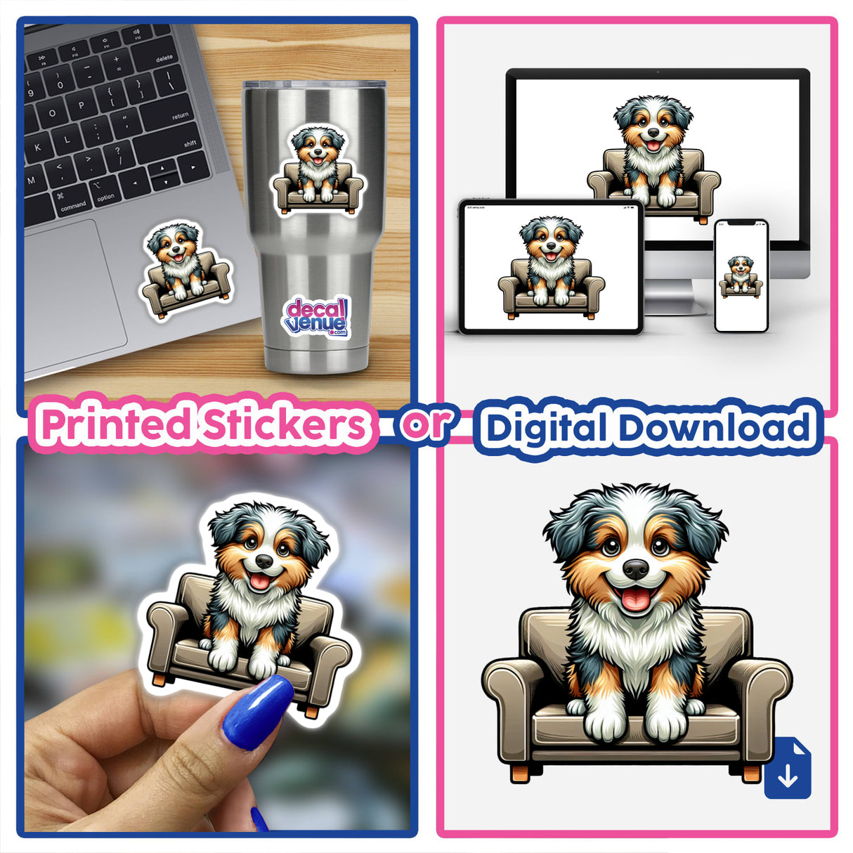 Cute Australian Shepherd puppy illustrations on various surfaces like laptop, phone, and as stickers