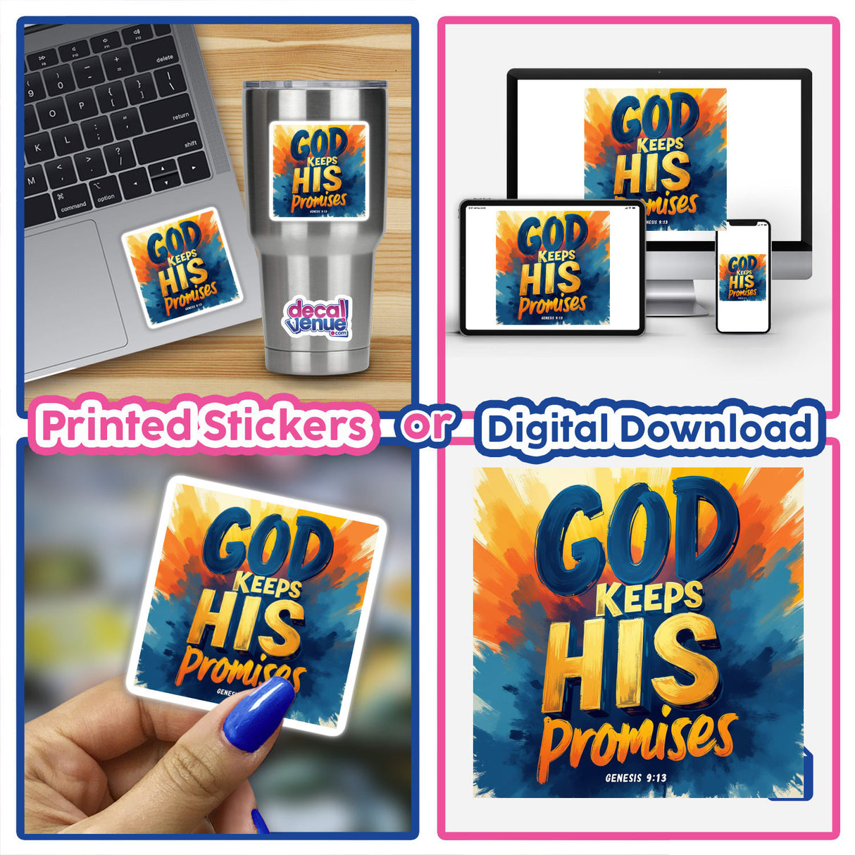 Collage featuring God Keeps His Promises sticker and digital artwork inspired by Genesis 9:13, highlighting a laptop and phone showcasing the design. Available as stickers or commercial clipart.