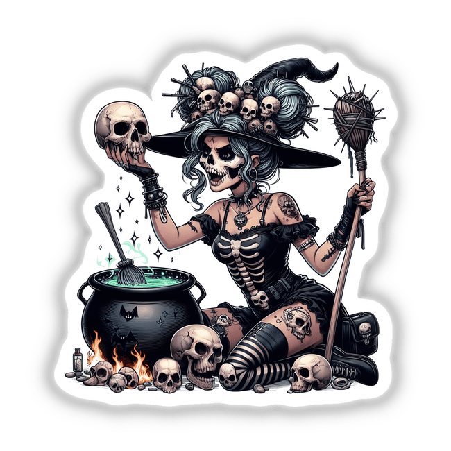 Hocus Pocus Skeleton Mama Witch cartoon featuring a character with skulls, a broomstick, and a cauldron, available as stickers or digital artwork from Decal Venue.
