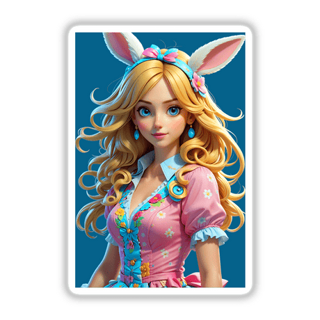 A Cute Easter Bunny Girl cartoon with long blonde hair and bunny ears, available as unique stickers or digital artwork from Decal Venue, specializing in distinctive designs.