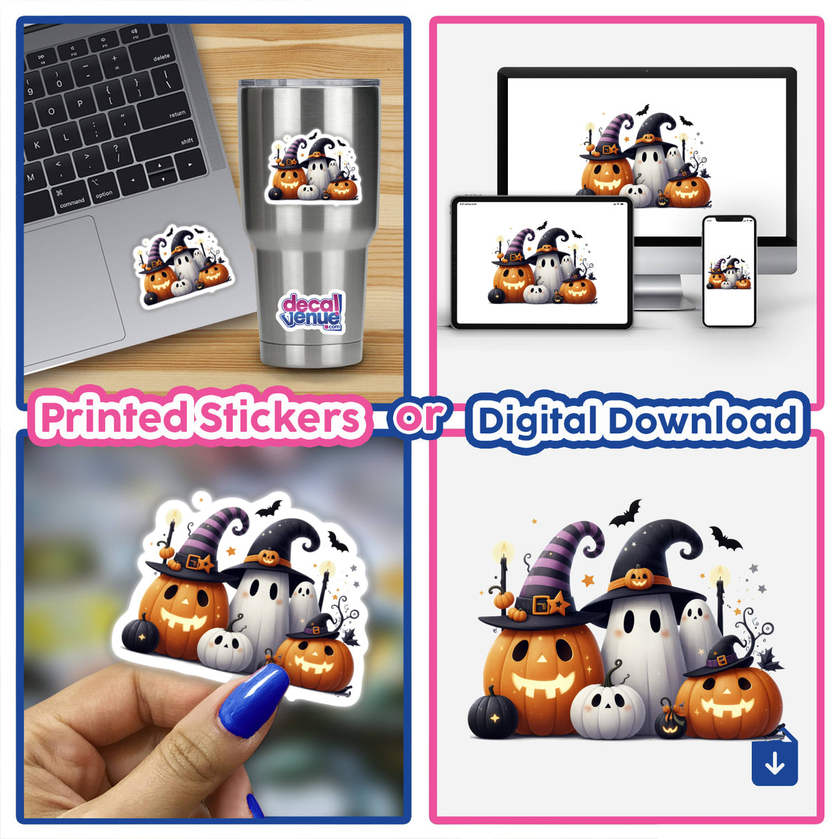 Spooky Halloween Friends stickers featuring pumpkins, ghosts, and bats, displayed on a laptop and various surfaces.