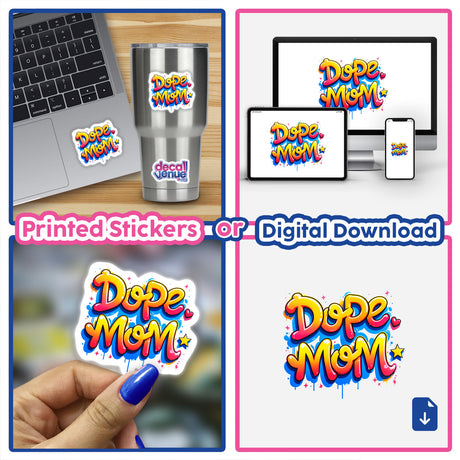 a set of three different stickers with the words dope mom on them