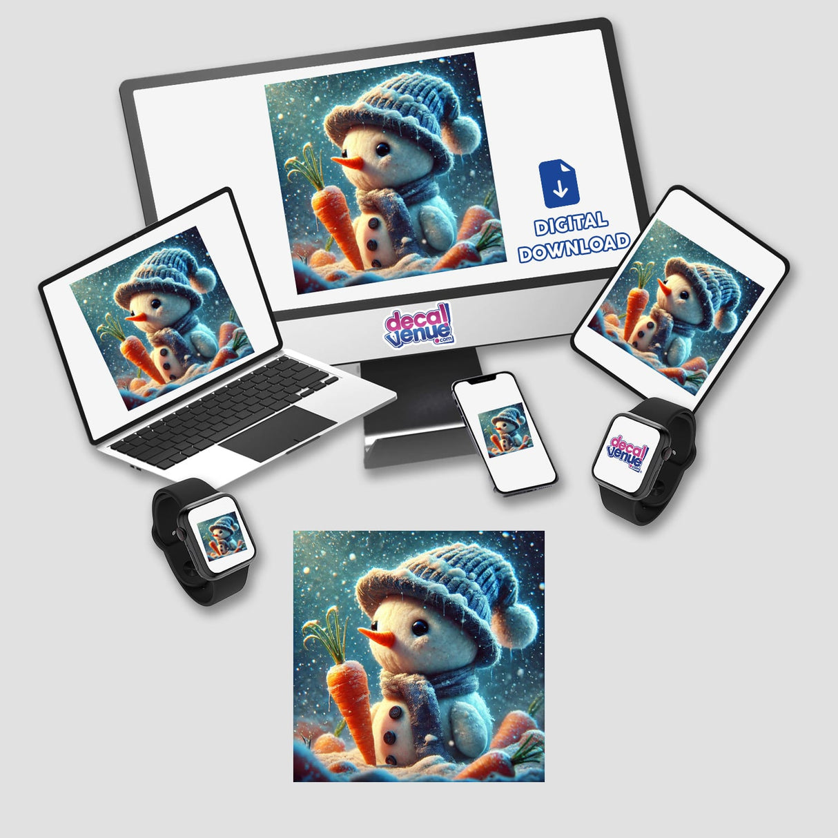 a computer, cell phone, and tablet all have a picture of a snowman