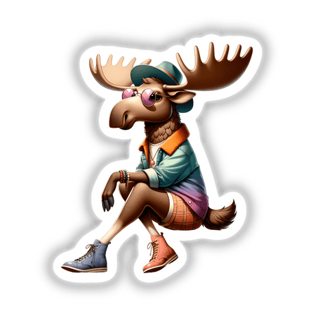 Moose in Fashionable Clothing: A cartoon moose dancing in trendy attire, available as stickers or digital artwork.