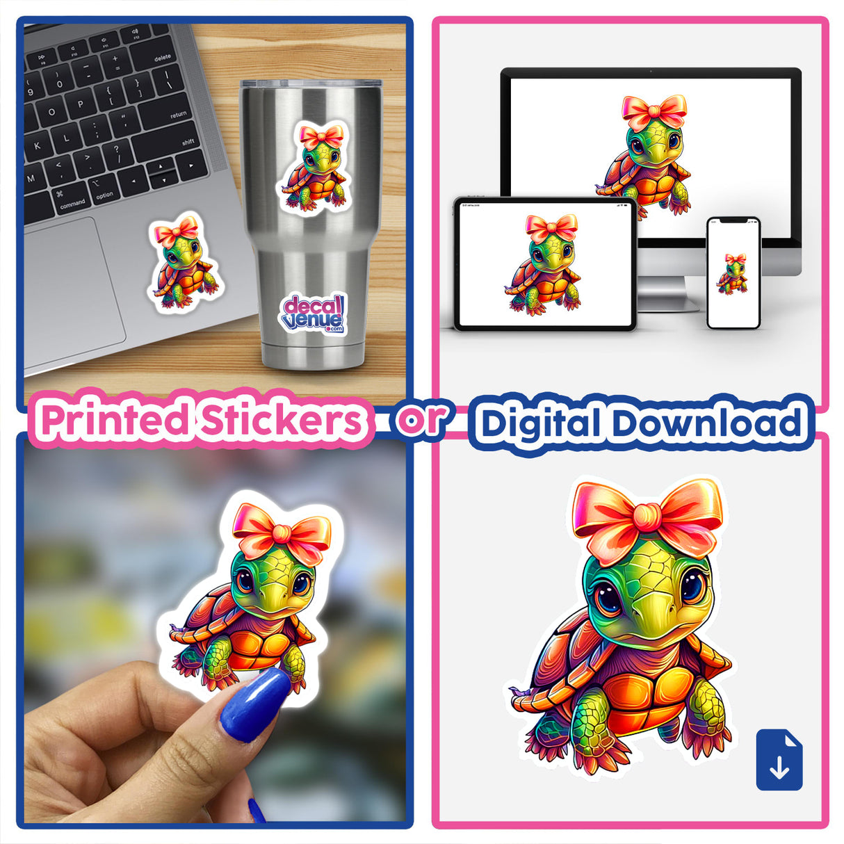 Baby turtle sticker with a bow held by a hand, displayed near a laptop with another turtle sticker. Available as stickers or digital artwork from Decal Venue.