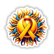 Radiant Sun Yellow Awareness Ribbon, depicted as a yellow ribbon encircled by blue and yellow rays, available as vibrant stickers or digital artwork from Decal Venue.