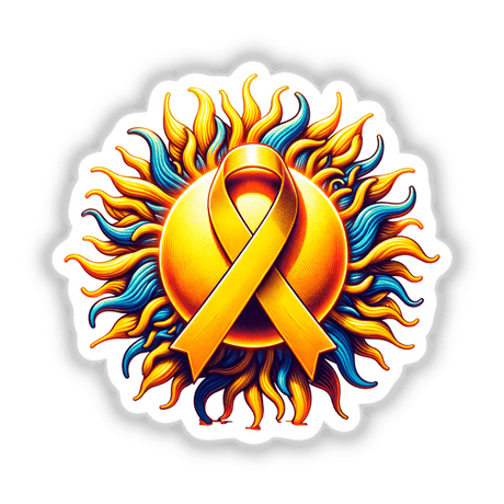 Radiant Sun Yellow Awareness Ribbon, depicted as a yellow ribbon encircled by blue and yellow rays, available as vibrant stickers or digital artwork from Decal Venue.