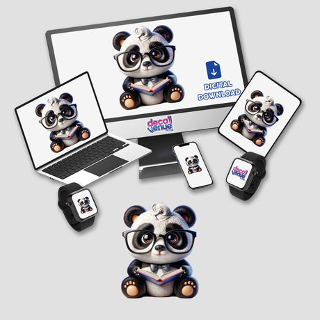 Cute Panda With Reading Glasses Open Book depicted on a laptop screen, showing a cartoon panda holding a book. Available as stickers or digital artwork from Decal Venue.