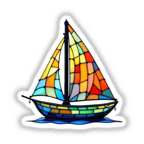 Sailboat Stained Glass Style depicting a detailed stained glass sailboat with intricate designs, available as stickers or digital artwork, showcasing Decal Venue's unique art collection.