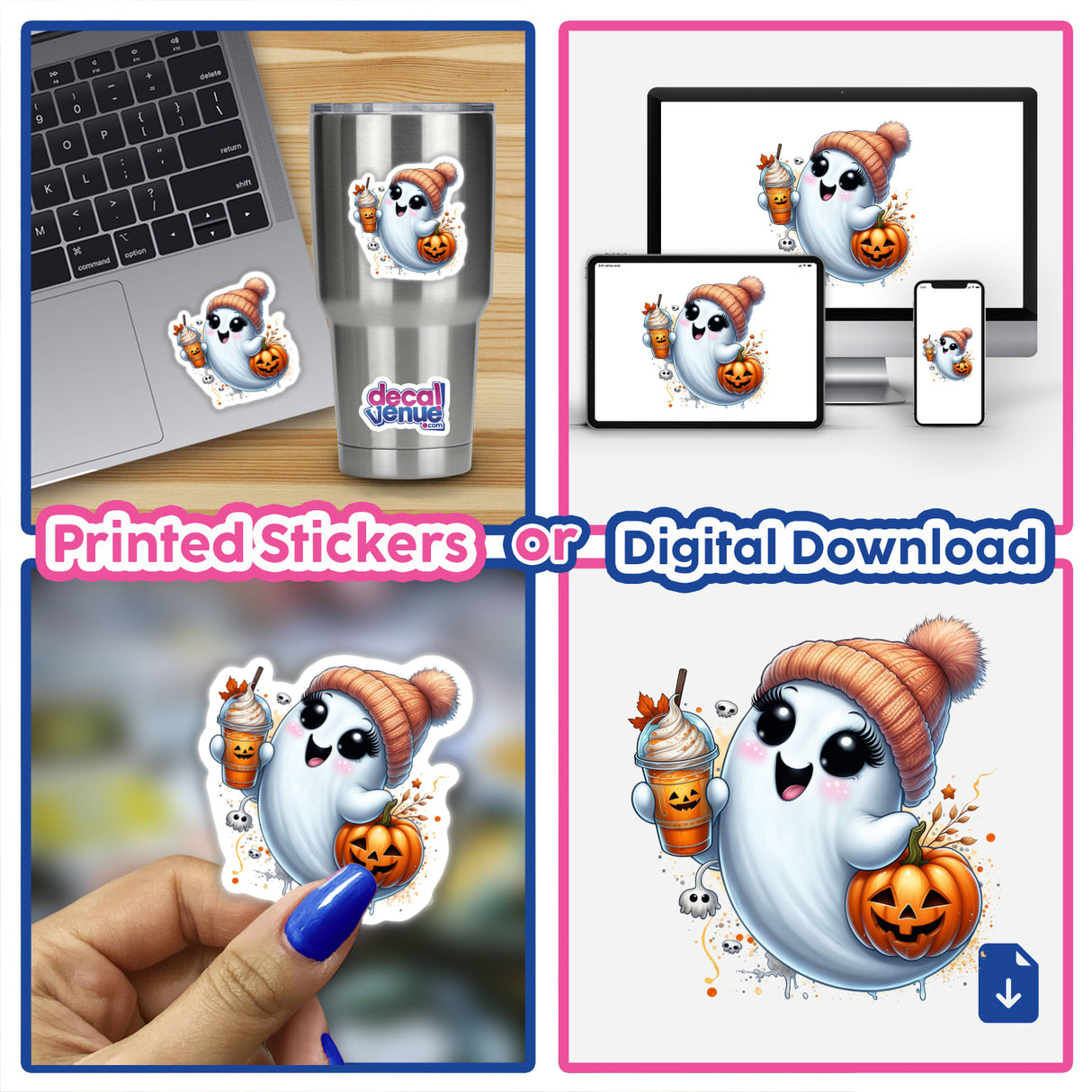 Cute Orange Beanie Pumpkin Spice Ghost collage featuring stickers and digital art, including a cartoon ghost holding a pumpkin and drink, displayed on various items.
