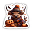 Bundled Up Autumn Highland Cow: Cartoon cow in hat and scarf with pumpkins and butterflies, available as stickers or digital artwork.