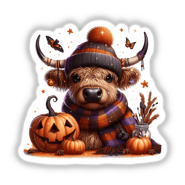 Bundled Up Autumn Highland Cow: Cartoon cow in hat and scarf with pumpkins and butterflies, available as stickers or digital artwork.