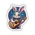 Musical Bunny with Decorative Guitar: A cartoon rabbit strums a guitar, surrounded by whimsical stars, available as stickers or digital artwork from Decal Venue.