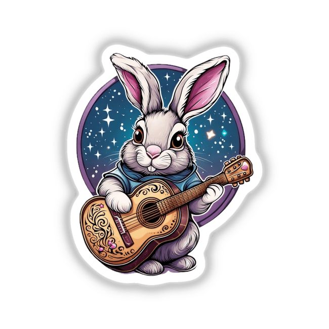 Musical Bunny with Decorative Guitar: A cartoon rabbit strums a guitar, surrounded by whimsical stars, available as stickers or digital artwork from Decal Venue.