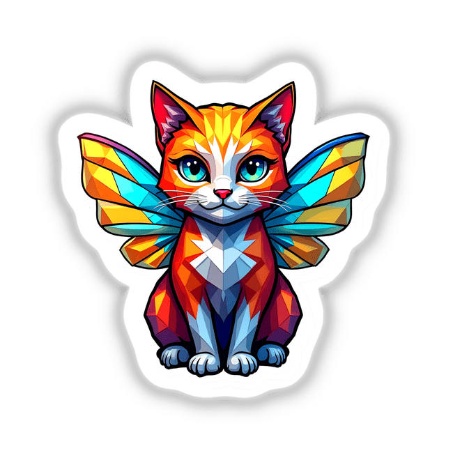 Cute Geometric Fairy Cat: a whimsical illustration of a cat with butterfly wings, available as stickers or digital artwork. Perfect for adding charm to your collection from Decal Venue.