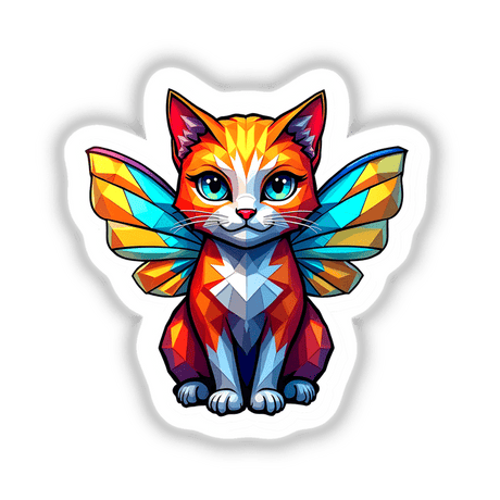 Cute Geometric Fairy Cat: a whimsical illustration of a cat with butterfly wings, available as stickers or digital artwork. Perfect for adding charm to your collection from Decal Venue.