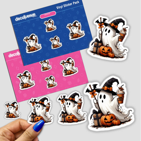 Halloween Orange Pumpkin Spice Ghost sticker pack featuring cartoon ghosts holding drinks and pumpkins. Available as stickers or digital artwork from Decal Venue.