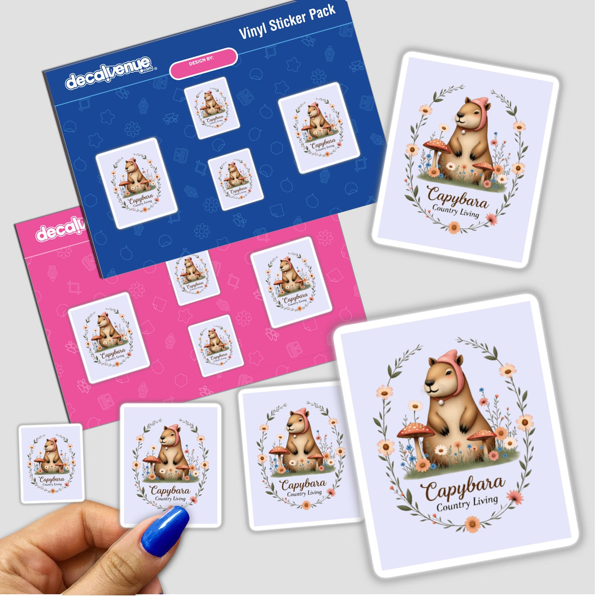 Capybara Country Living Sticker or Clipart depicting a cute capybara surrounded by nature, featuring flowers and mushrooms. Available as stickers or digital artwork with commercial rights.