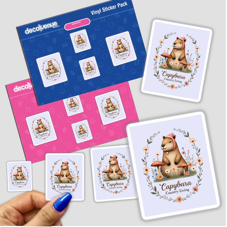 Capybara Country Living Sticker or Clipart depicting a cute capybara surrounded by nature, featuring flowers and mushrooms. Available as stickers or digital artwork with commercial rights.