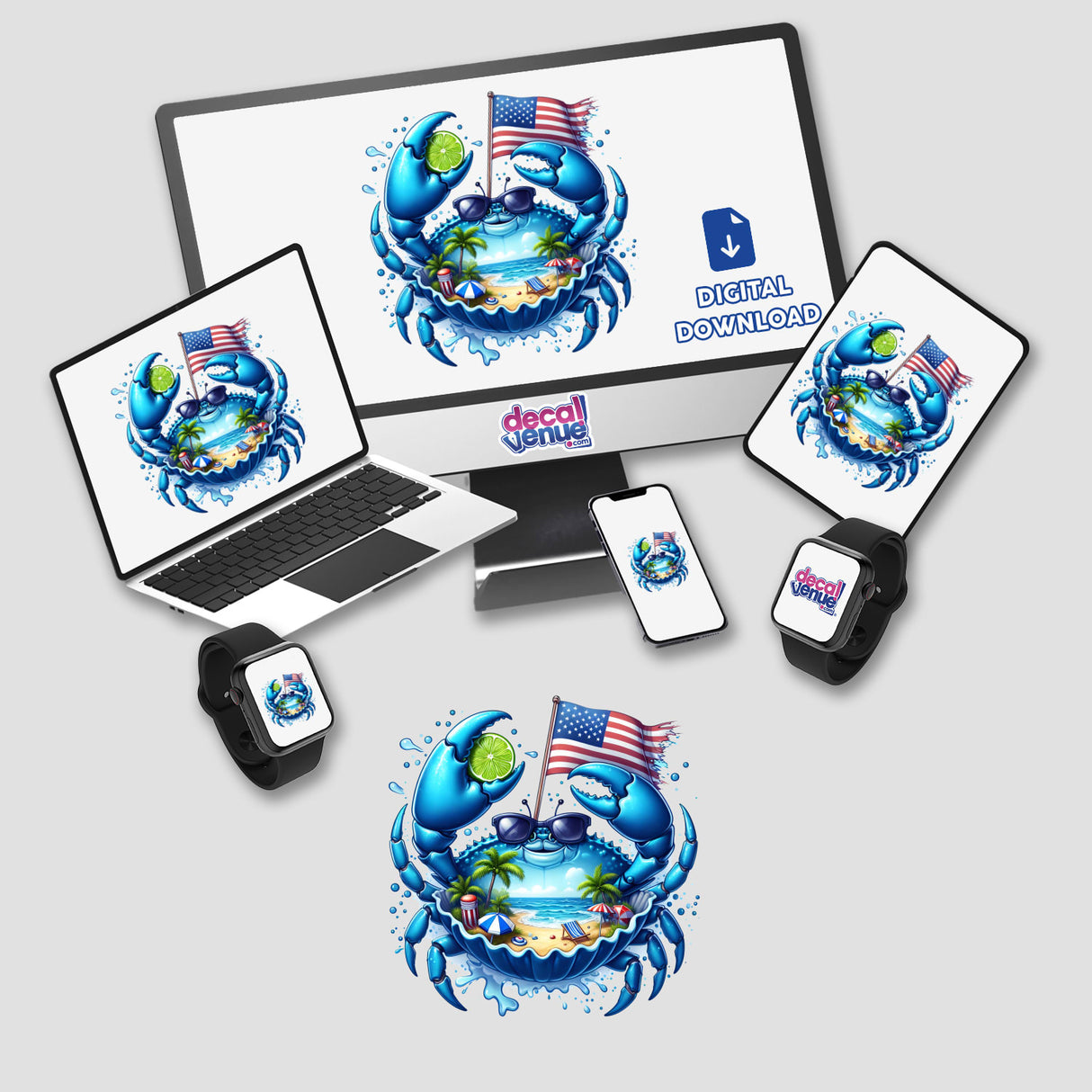 Colorful digital artwork of a blue crab surrounded by tropical elements and the American flag, displayed on various digital devices including a laptop, smartphone, and smartwatch. The crab is the central focus, showcasing its vibrant blue hue and intricate shell details. The background features palm trees, waves, and bursts of color, creating a lively and dynamic scene. The Decal Venue logo is prominently displayed, indicating this is a digital product or artwork available on their platform.